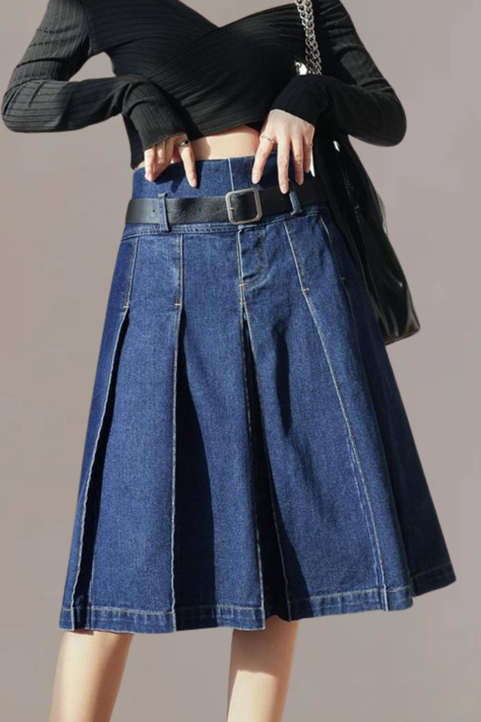 Lilian High Waisted Denim Pleated Skirt