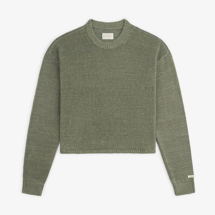 The Linen Knit Crewneck Sweater in sage green features long sleeves and is displayed flat on a white background.