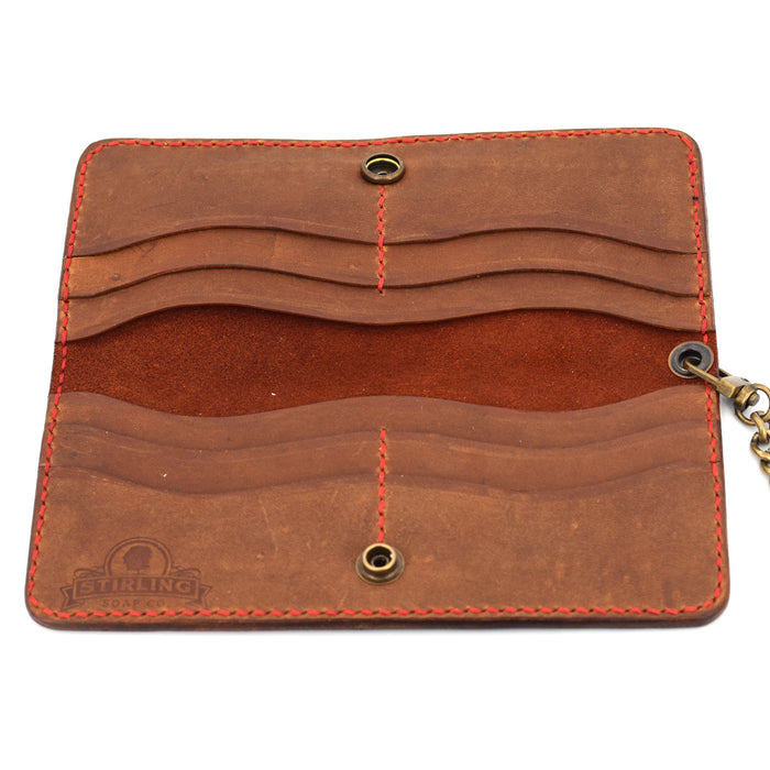 Long Leather Wallet w/ Chain (Brass & Red)