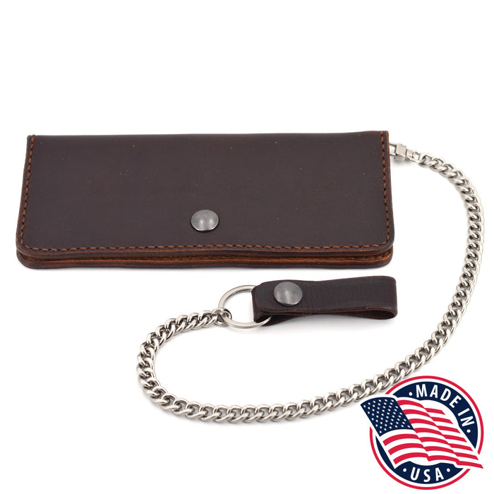Long Leather Wallet w/ Chain (Silver & Brown)