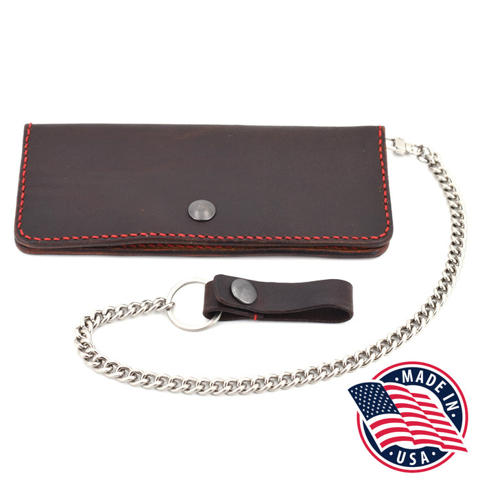 Long Leather Wallet w/ Chain (Silver & Red)