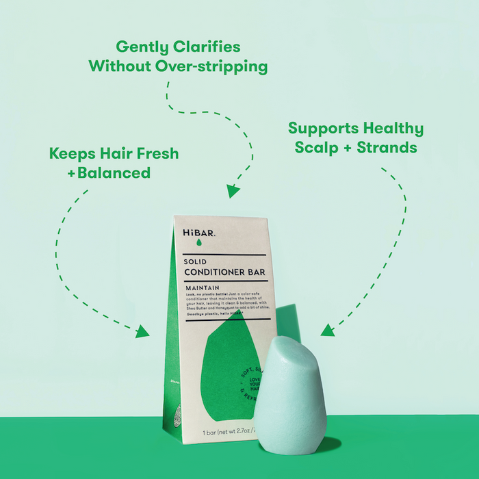 Photo of conditioner bar in front of packaging with product highlights: Gently clarifies without over-stripping. Supports healthy scalp + strands. Keeps hair fresh + balanced.