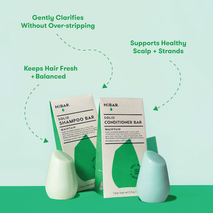 Photo of shampoo bar and conditioner bar in front of packaging with product highlights: Gently clarifies without over-stripping. Supports healthy scalp + strands. Keeps hair fresh + balanced.