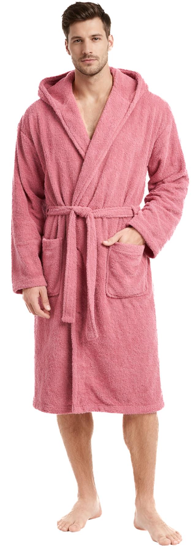 Mens Cotton Towelling Hooded Bathrobe Rose Pink