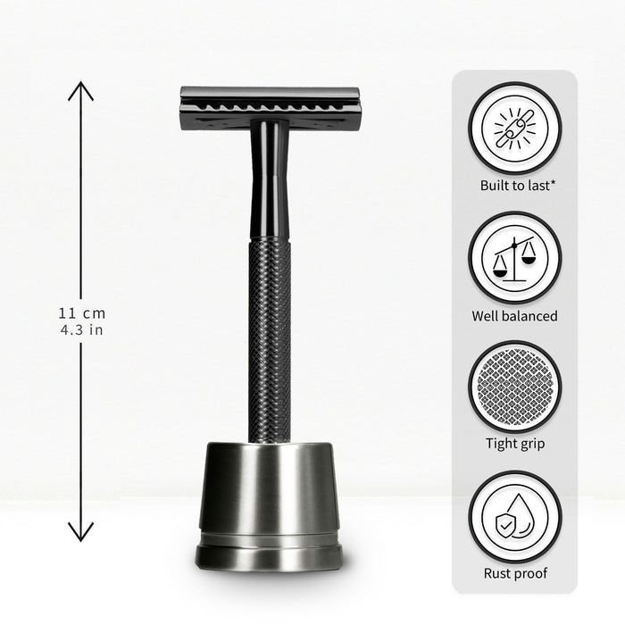 bambaw Black safety razor with measurements and feature icons on a white background