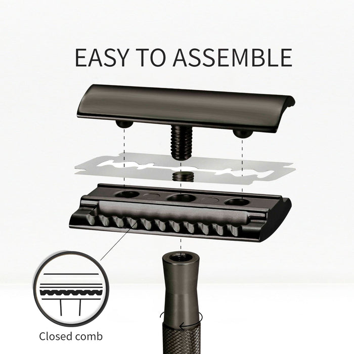 Illustration of a bambaw black safety razor assembly with text 'Easy to Assemble' on a white background.