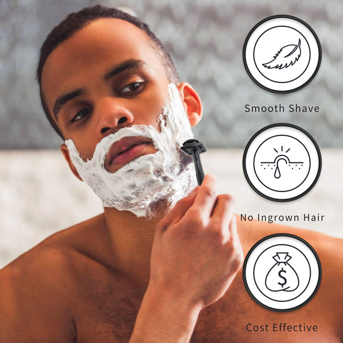 Man shaving with a bambaw safety razor, surrounded by icons indicating 'Smooth Shave', 'No Ingrown Hair', and 'Cost Effective'.
