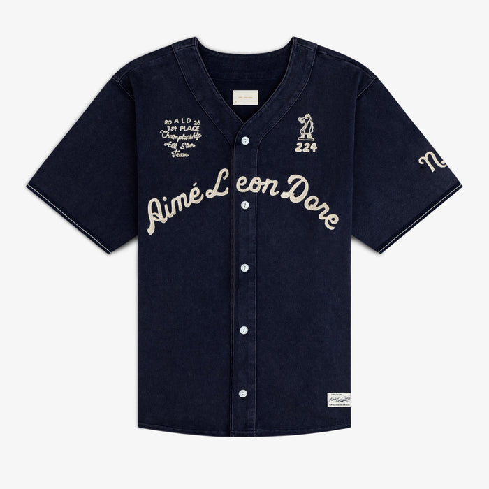 Mulberry Chainstitch Baseball Jersey with script, embroidered patches, and button front on white background.