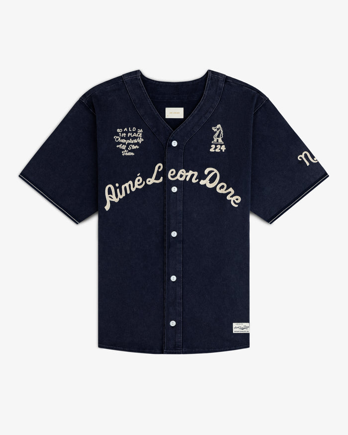 Mulberry Chainstitch Baseball Jersey with Aimé Leon Dore script and white buttons, laid flat on a white surface.