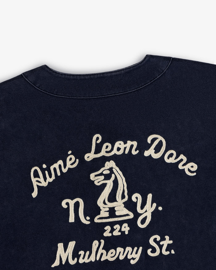 Navy Mulberry Chainstitch Baseball Jersey with cream Aimé Leon Dore N.Y. 224 Mulberry St. & chess knight embroidery.
