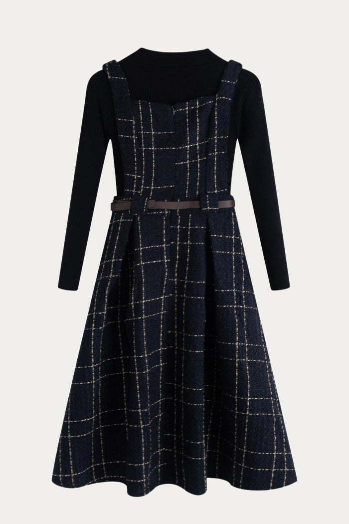 Navy Blue Plaid Pinafore Dress