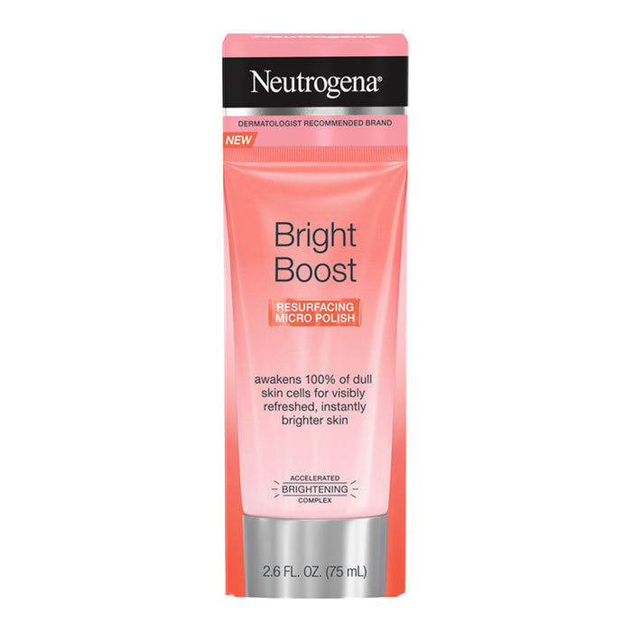 Squeeze of Neutrogena Bright Boost Micro Polish shows creamy formula with exfoliating beads for resurfacing and radiant skin.