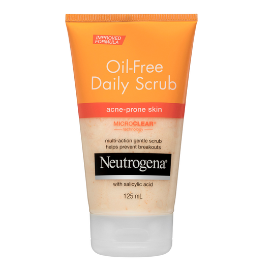 Neutrogena Oil-Free Daily Scrub tube on white background for acne-prone skin with salicylic acid and MicroClear technology