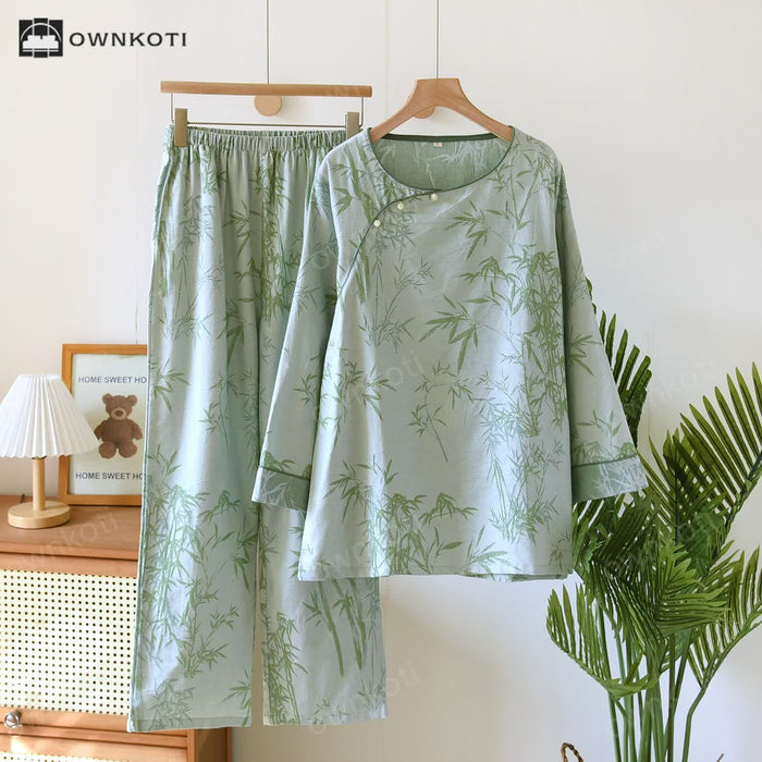 Ownkoti Jacquard Bamboo Double Layer Gauze Nightwear Set