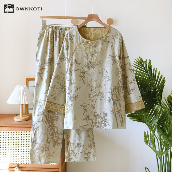 Ownkoti Jacquard Bamboo Double Layer Gauze Nightwear Set