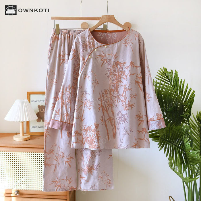 Ownkoti Jacquard Bamboo Double Layer Gauze Nightwear Set