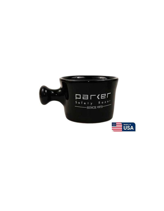 Black Parker apothecary shave mug with handle and logo