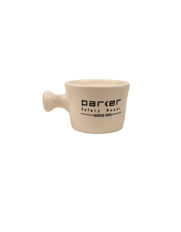 White Parker safety razor mug with logo for grooming