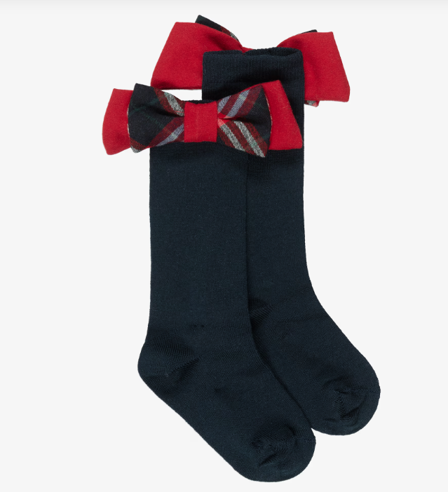 PATACHOU Girls Navy Blue Socks with Red Tartan Bows
