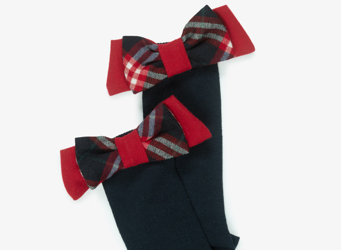 PATACHOU Girls Navy Blue Socks with Red Tartan Bows