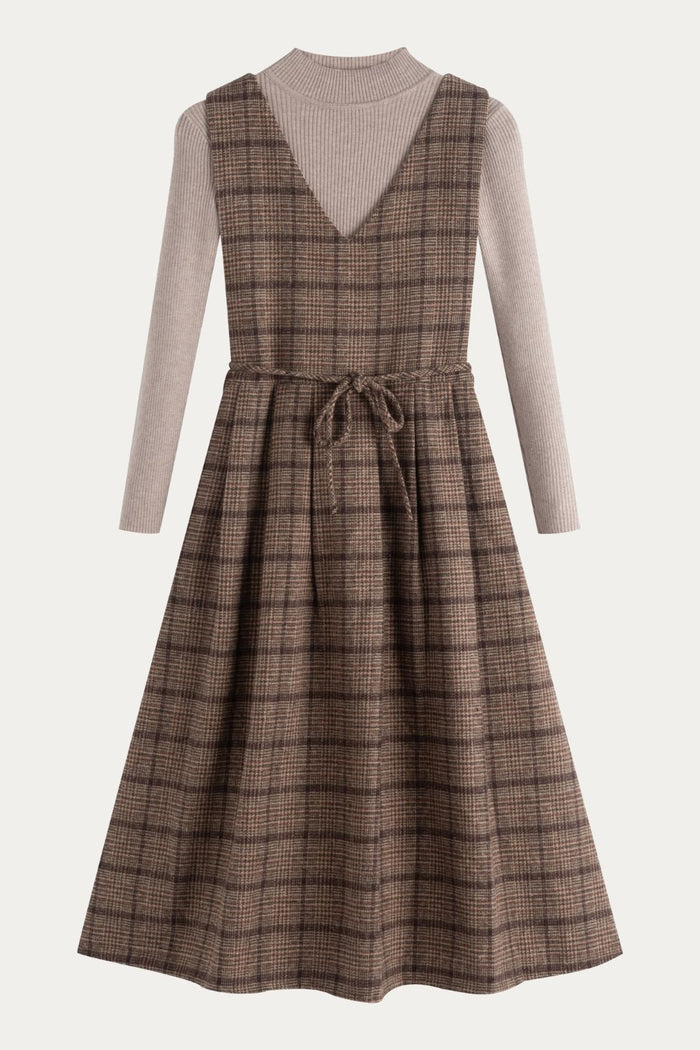 Plaid Pinafore Dress with Ribbed Turtleneck Sweater Set