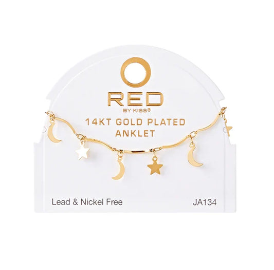 Red by Kiss 14kt Gold Plated Anklet Charm Moon Star JA134