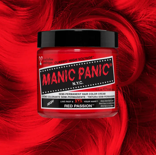 Manic Panic Classic High Voltage semi-permanent hair dye in shade Red Passion a vibrant, vegan hair color. Image shows a jar of Red Passion hair dye placed on top of a wavy red passion hair swatch.