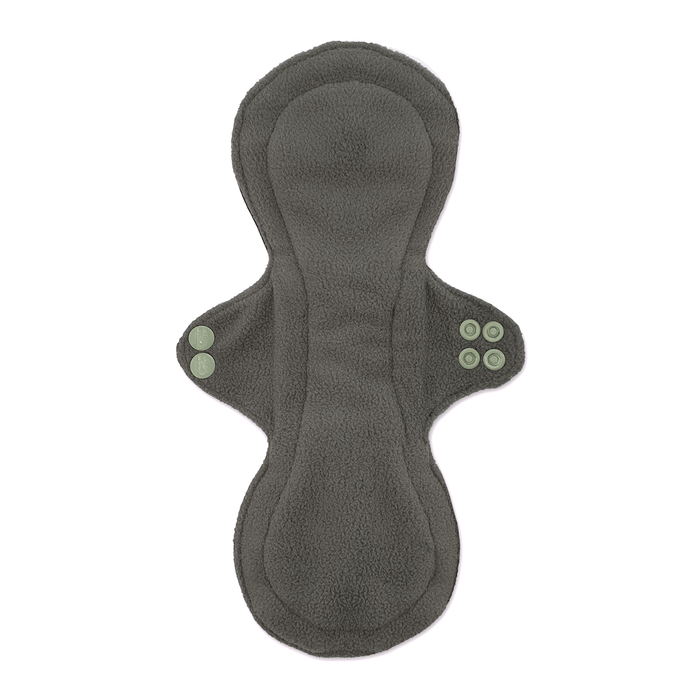 Dark gray contoured reusable sanitary pad with wings and snap fasteners