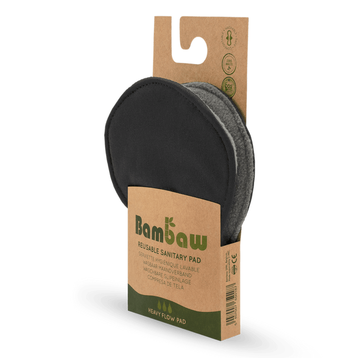 Bambaw reusable sanitary pad in cardboard packaging labeled heavy flow pad