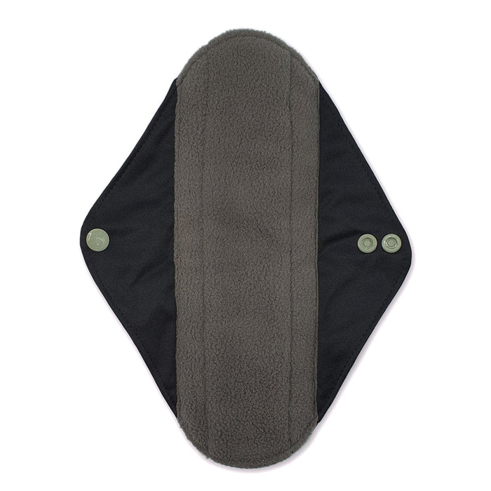 Reusable panty liner with black wings and a soft gray fleece center