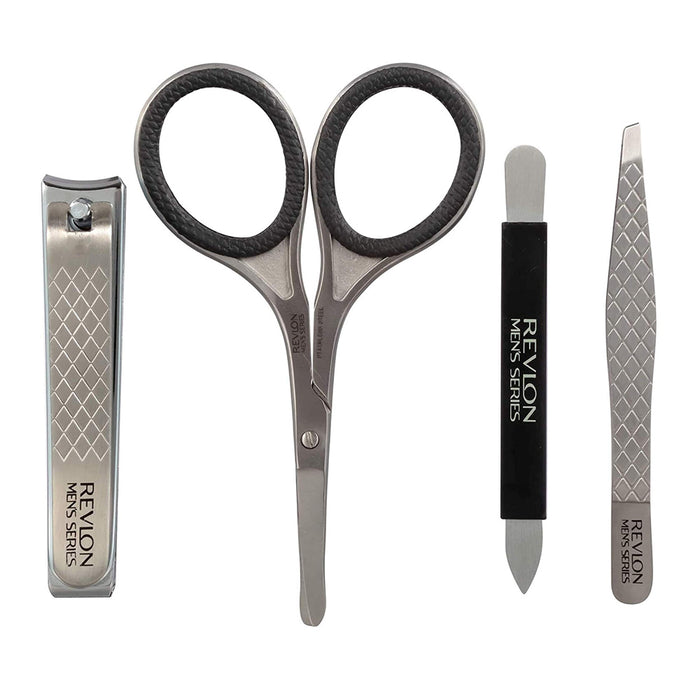 Unboxed Revlon Men's Grooming Kit showing 4 stainless tools: scissors, nail clipper, tweezers, and nail file on display