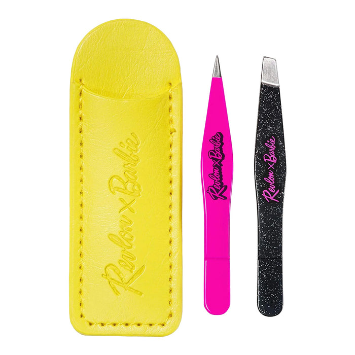 Revlon X Barbie Mini Tweezer Set with slant and point tweezers displayed outside the pouch for precise grooming