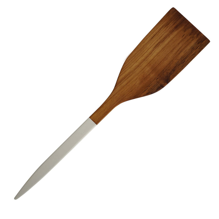 Top view of extra large teak spatula with white handle displayed on a white background