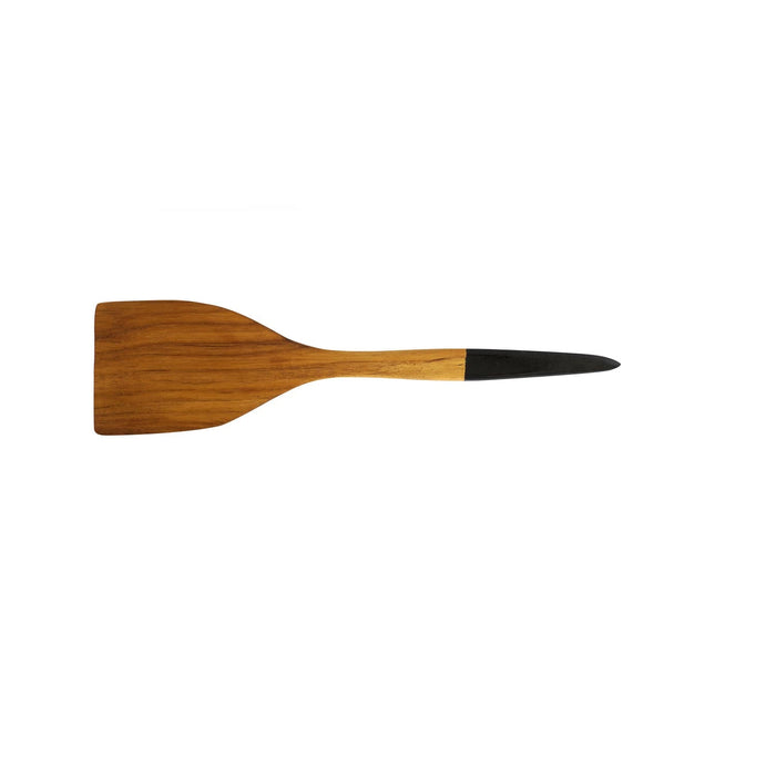 Top view of Rico & Plato resto teak spatula with black handle displayed on a white background
