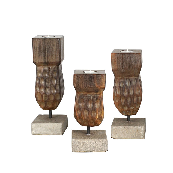 Set of 3 decorative wooden candle holder displayed on a white background
