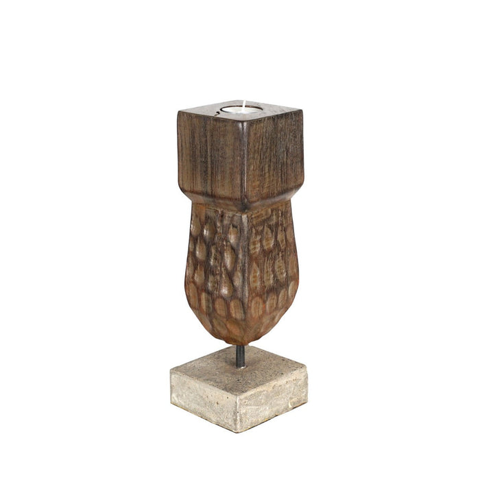 Decorative wooden candle holder displayed on a white background