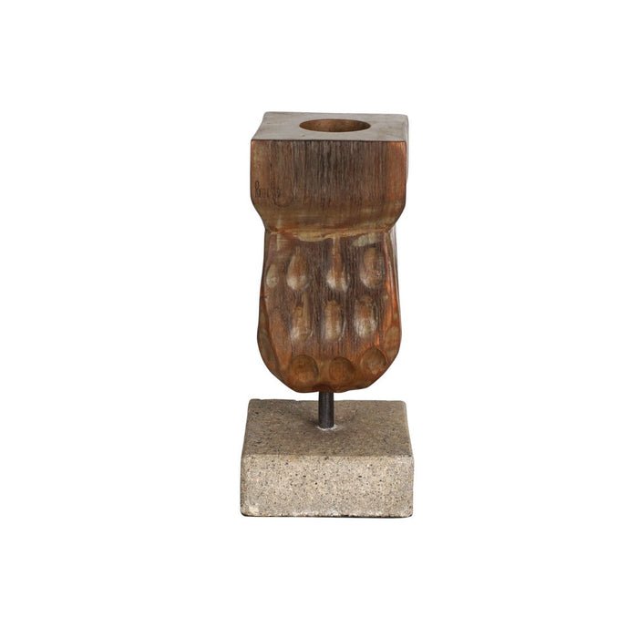 Front view of decorative wooden candle holder displayed on a white background
