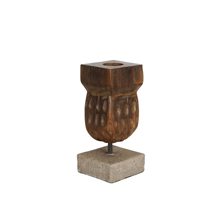 Decorative wooden candle holder displayed on a white background