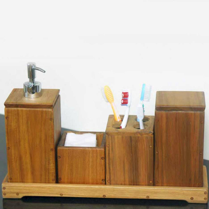 A teak wood bathroom accessory set that includes a tray and holders for toothbrushes and cotton balls.