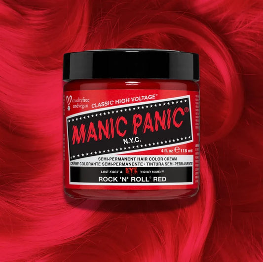 Manic Panic Classic High Voltage semi-permanent hair dye in shade Rock 'N' Roll Red a vibrant, vegan hair color. Image shows a jar of Rock 'N' Roll Red hair dye placed on top of a wavy vibrant red  hair swatch.
