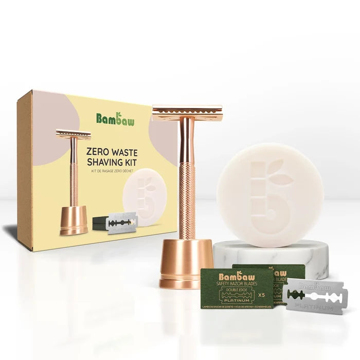 Bambaw Zero waste shaving kit with bronze safety razor, soap, and packaging on a white background
