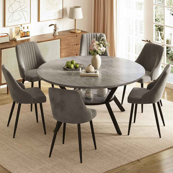 Concrete Grey Table / Grey Velvet Chairs / Set of 6