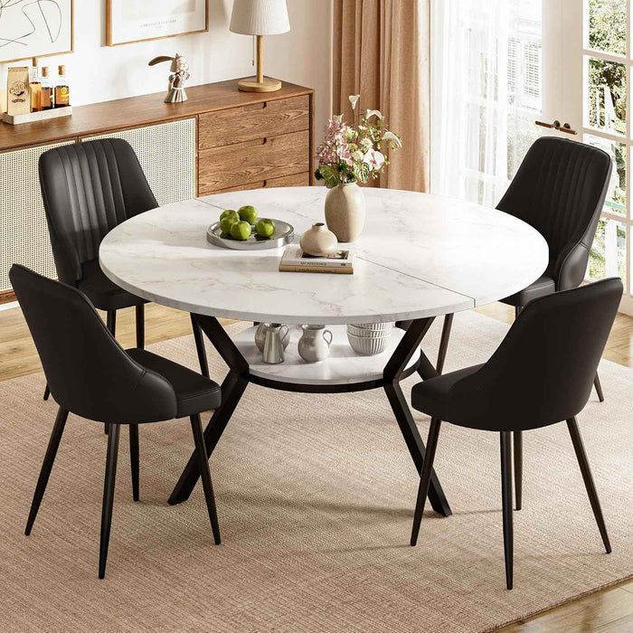 White Marble Effect Table / Black Pu Chairs / Set of 4