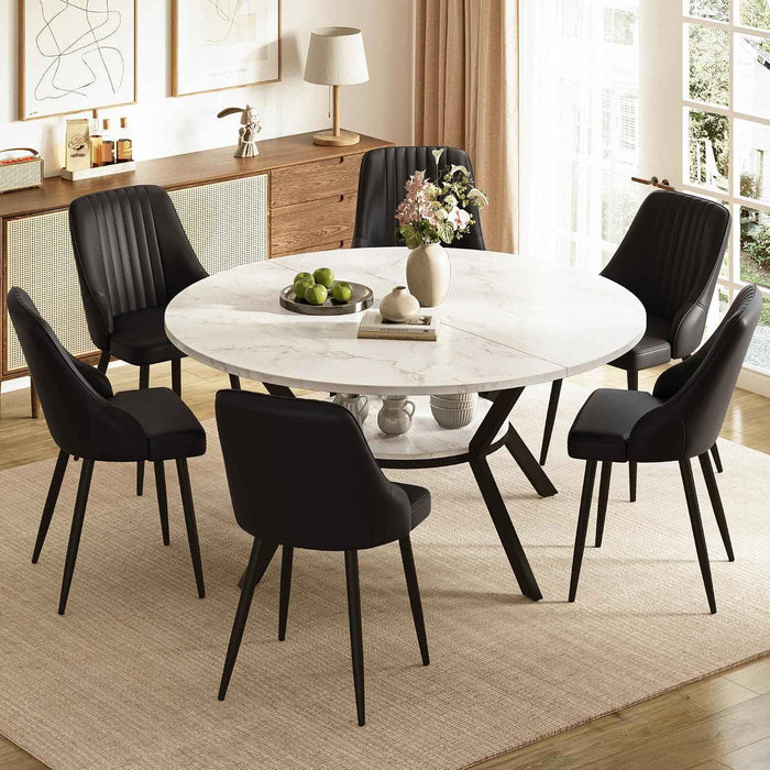 White Marble Effect Table / Black Pu Chairs / Set of 6