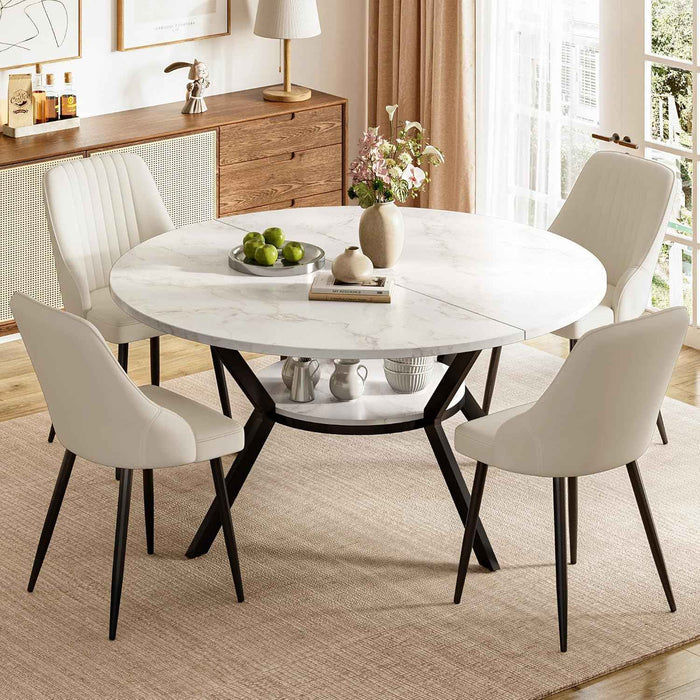 White Marble Effect Table / Cream Velvet Chairs / Set of 4