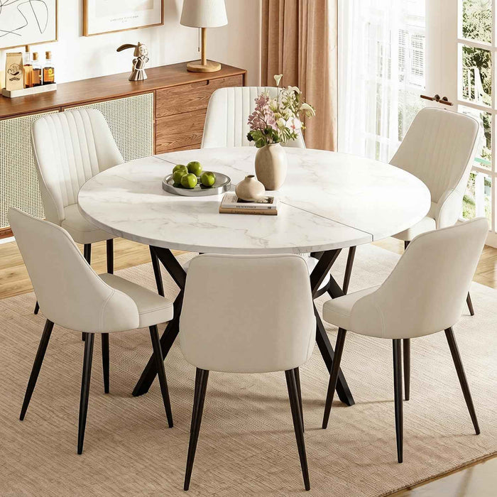 White Marble Effect Table / Cream Velvet Chairs / Set of 6