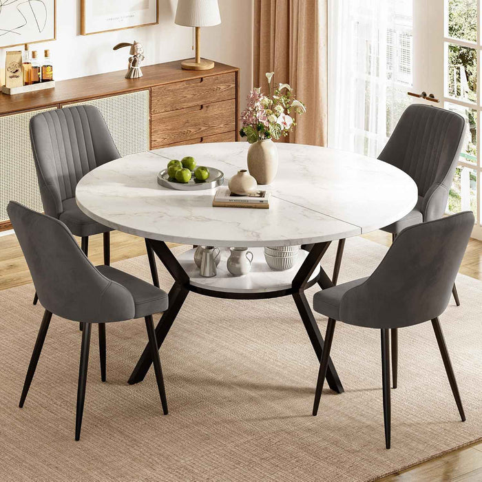 White Marble Effect Table / Grey Velvet Chairs / Set of 4