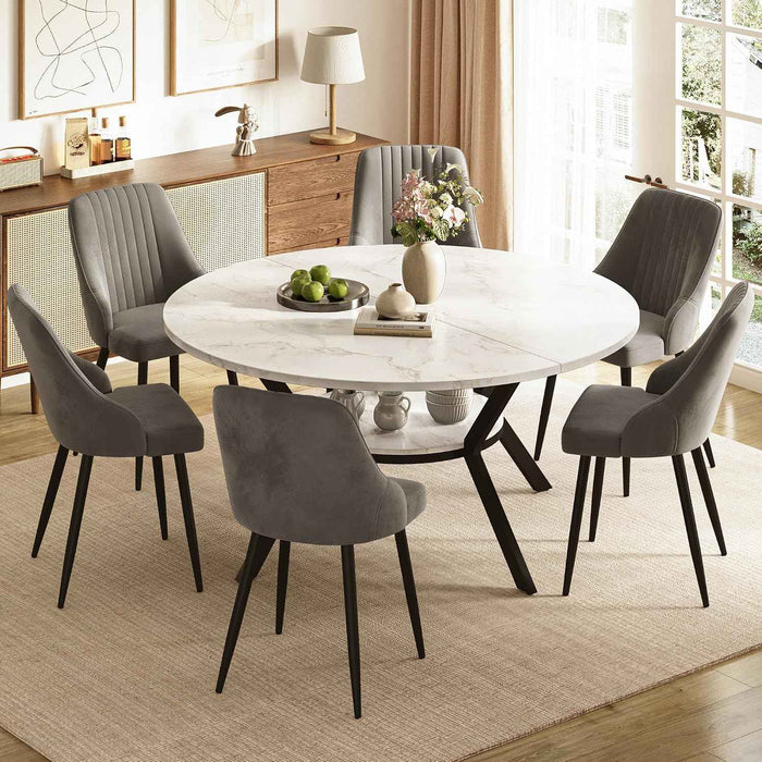 White Marble Effect Table / Grey Velvet Chairs / Set of 6