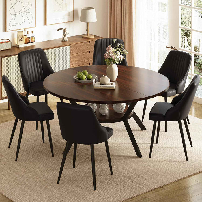 Dark Wood Grain Table / Black Pu Chairs / Set of 6