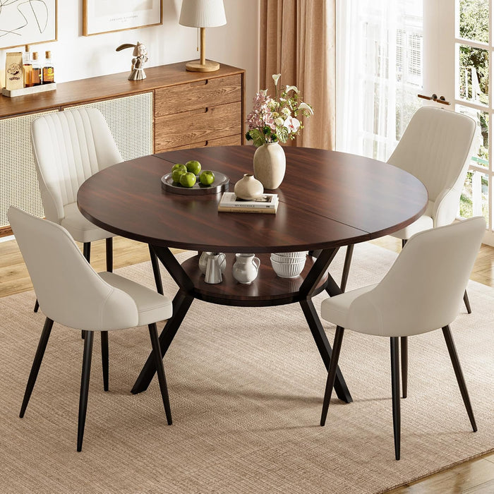 Dark Wood Grain Table / Cream Velvet Chairs / Set of 4